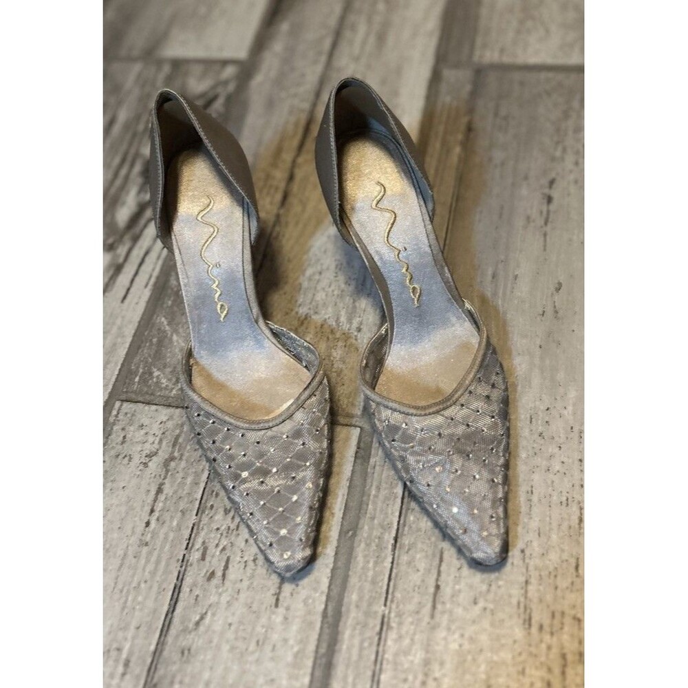 Nina Size 6M Dressy Formal Silver/ Rhinestone Shoes 3” Inch Heels Point Toe